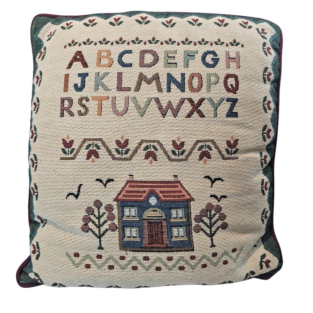 Vintage Alphabet Needlepoint Decorative Pillow Purple Home Cottage Country Decor